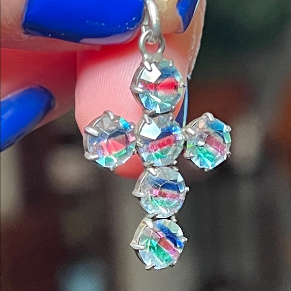 Antique Jewelry - Antique Czech Colorful Iris Glass Sterling Cross Pendant Charm 1920s